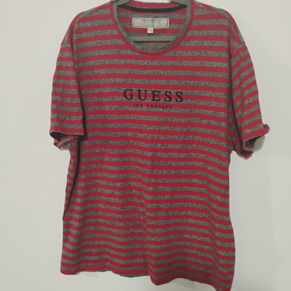 Guess Red and Gray Striped Tee